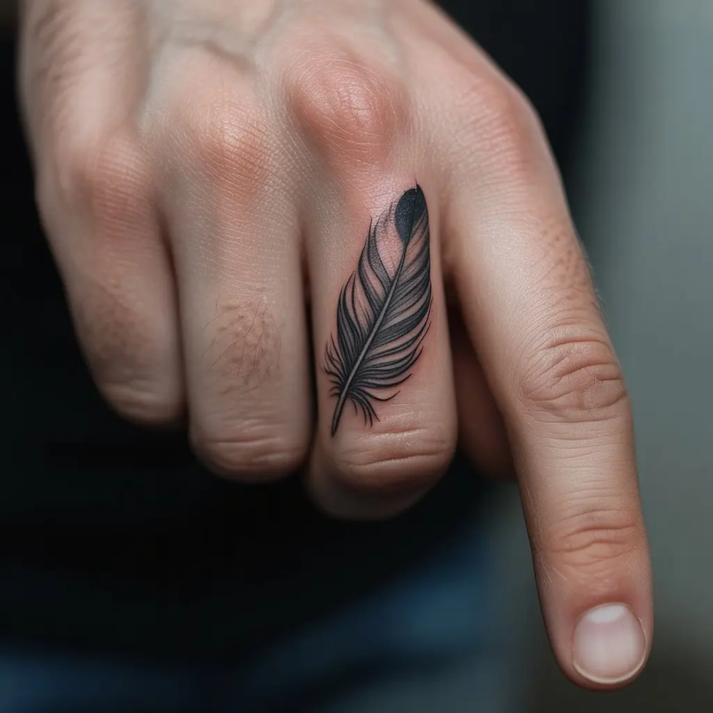 Realistic Feather Finger Tattoo – Soft feather tattoo wrapping a man’s finger, detailed shading, elegant finger tattoos for men.

