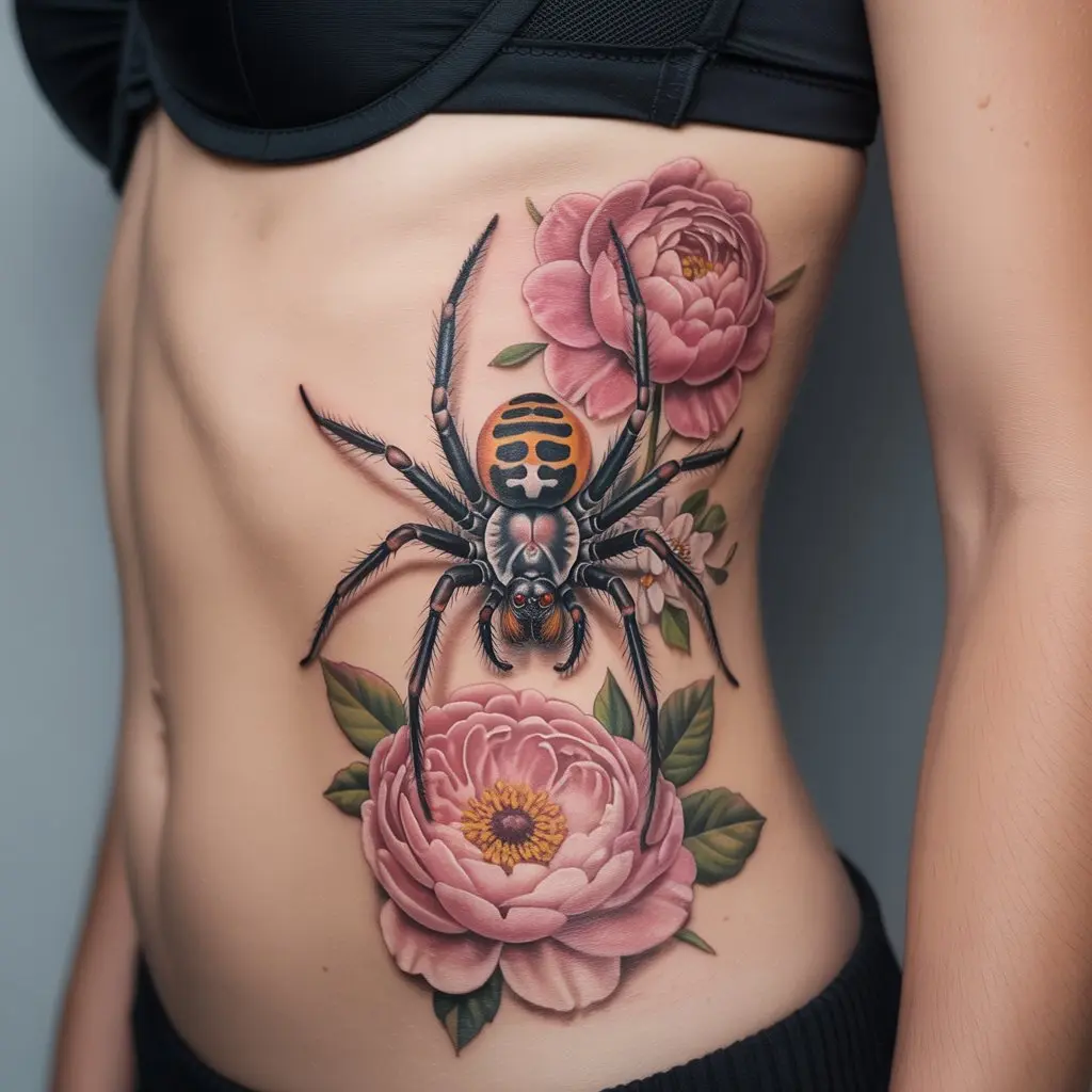 Feminine spider tattoo design featuring flowers and roses, inked on the rib area for a soft and symbolic spider tattoo design.