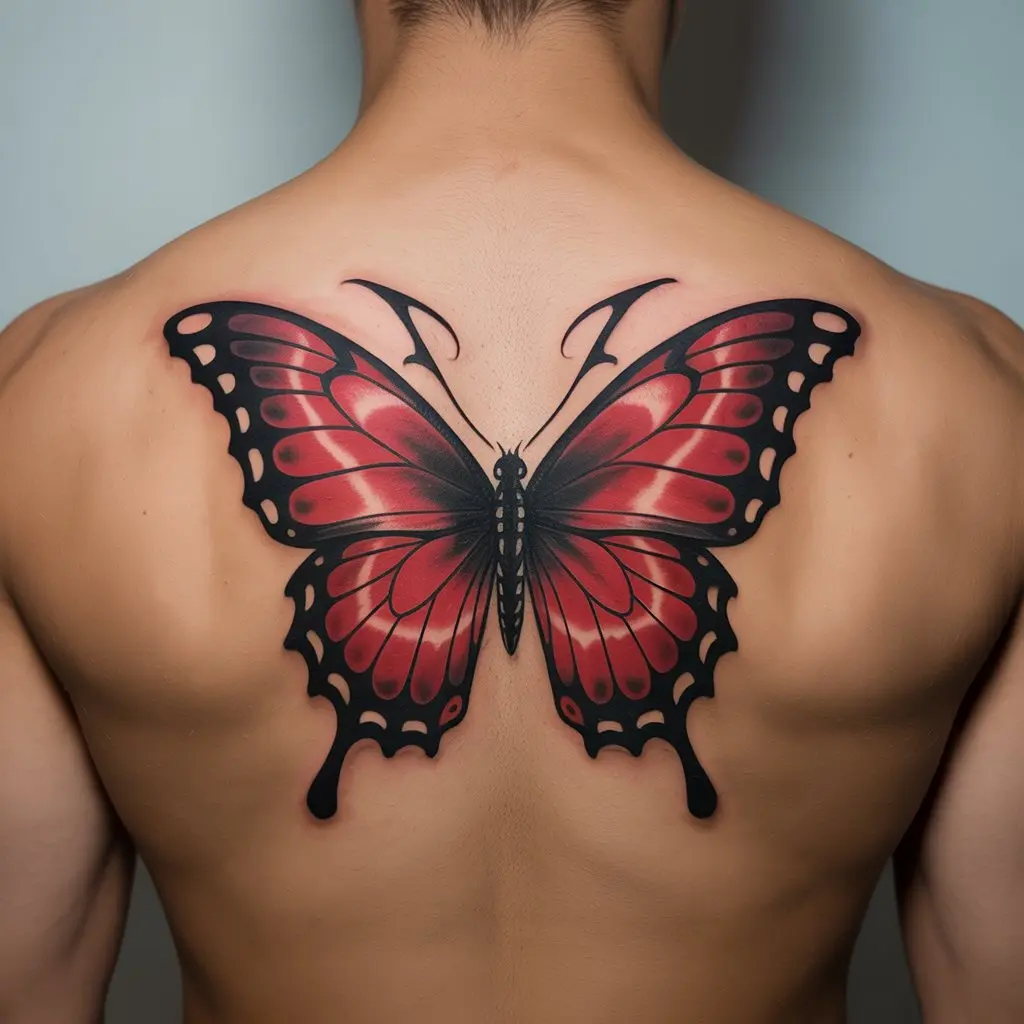 Tribal red butterfly tattoo on lower back with black linework – bold red butterfly tattoo for women.

