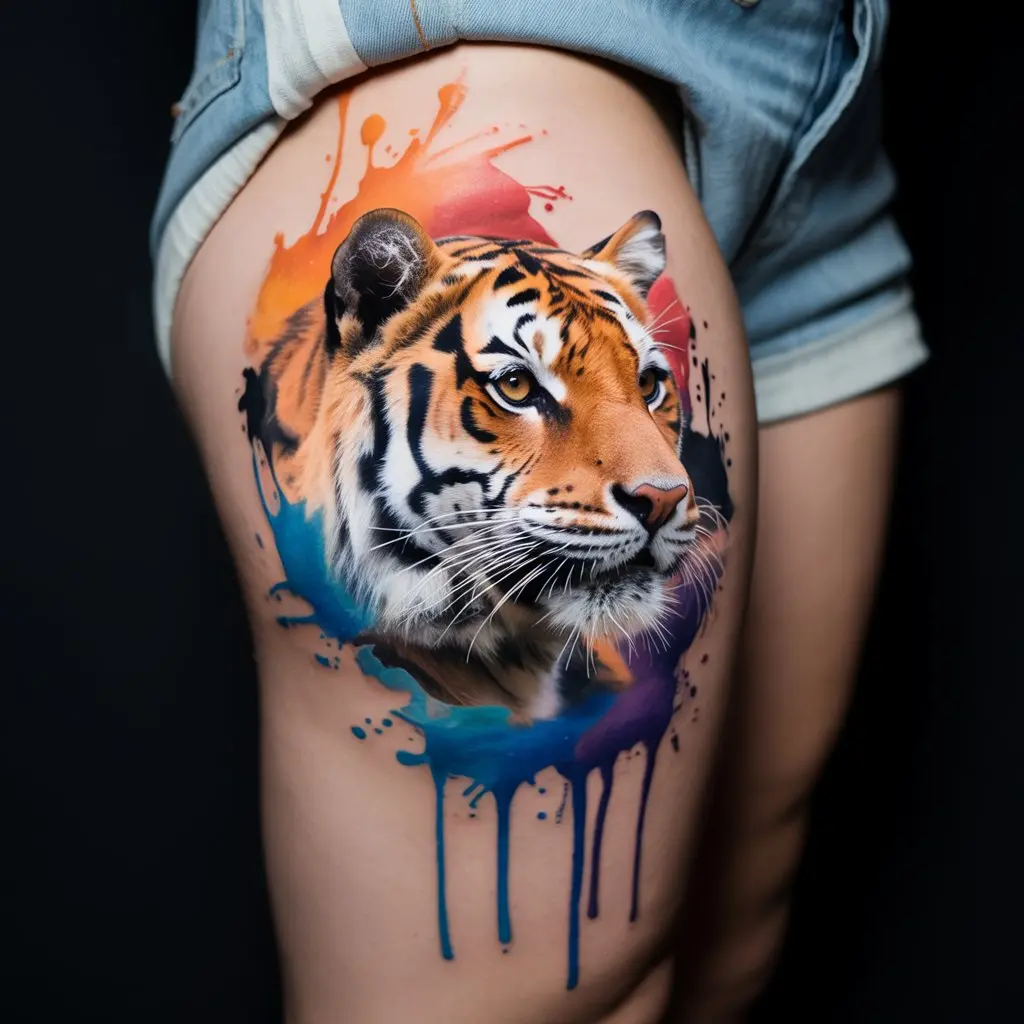 Tiger tattoo design with watercolor splashes and a detailed tiger head on the thigh, blending artistic color with photorealistic features.
