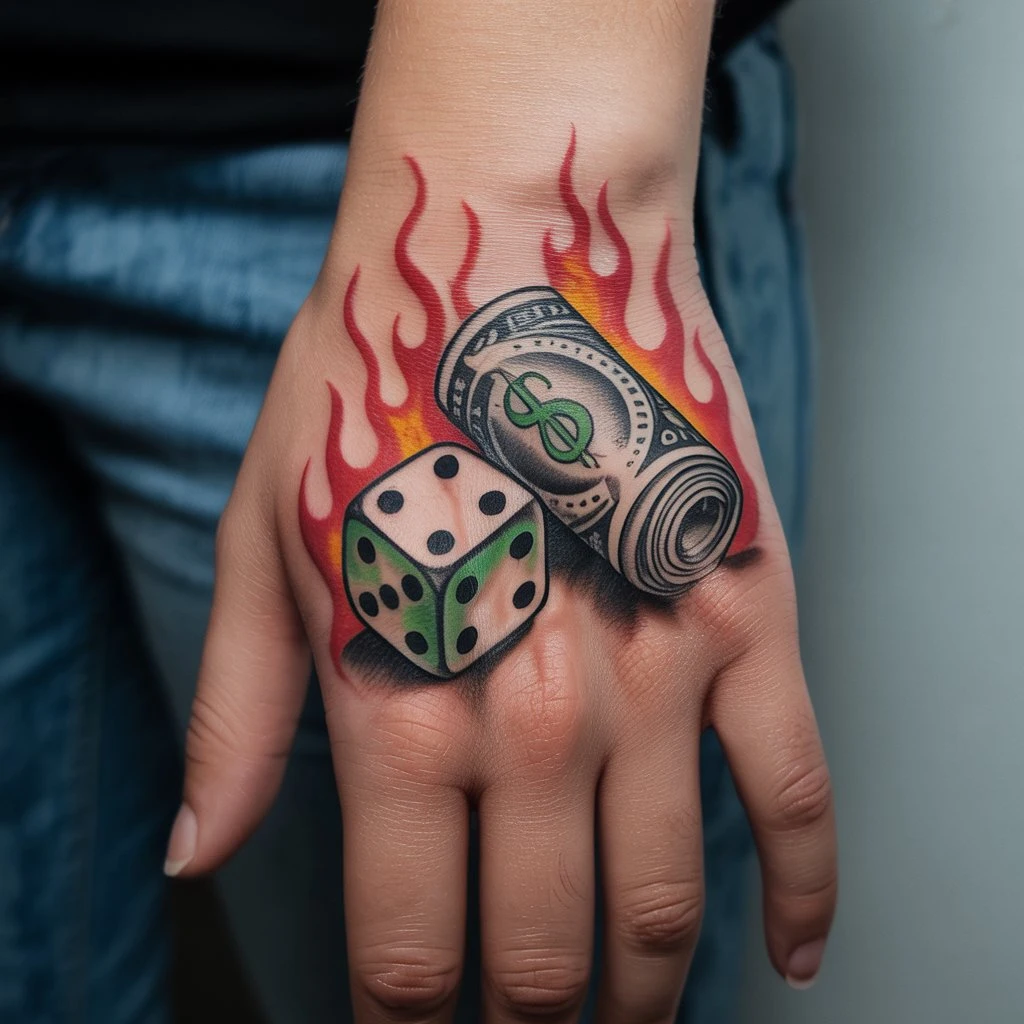 53. Traditional Dice and Dollar Tattoo