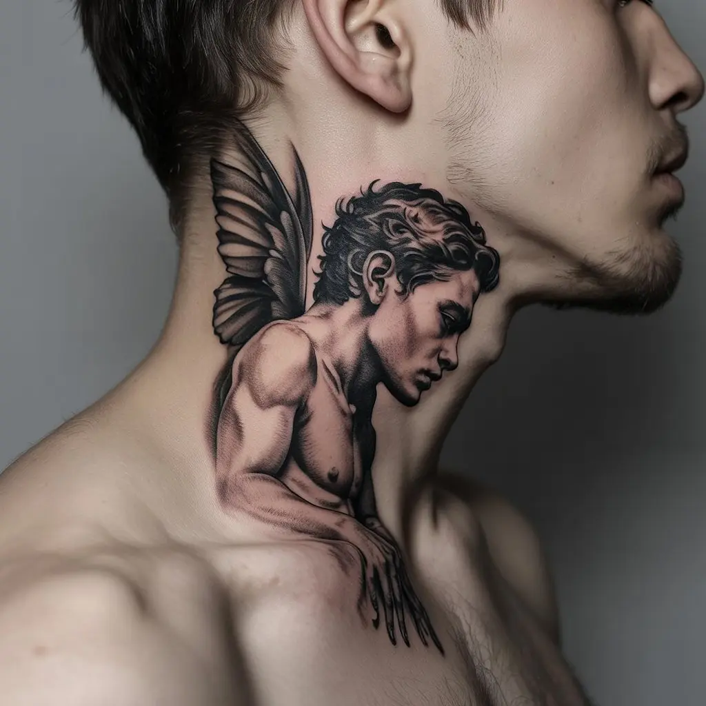 Angel or Fairy Neck Tattoo
Black and grey angel or fairy neck tattoo for men, inked on the side of the neck with dark shading for a mystical and bold look.