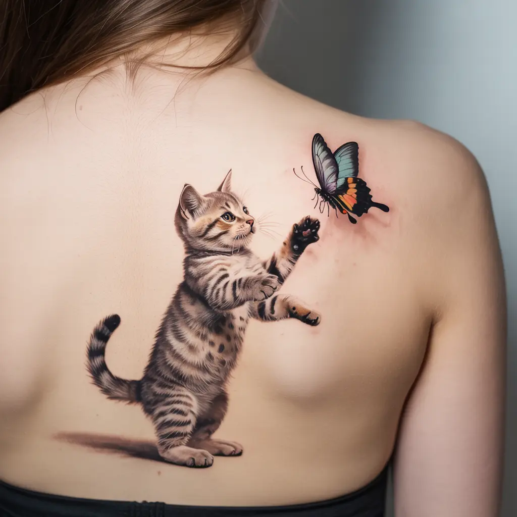 Cat Reaching for a Butterfly Realistic tattoo of a kitten reaching for a butterfly, a playful and meaningful cat tattoo design symbolizing curiosity and joy.