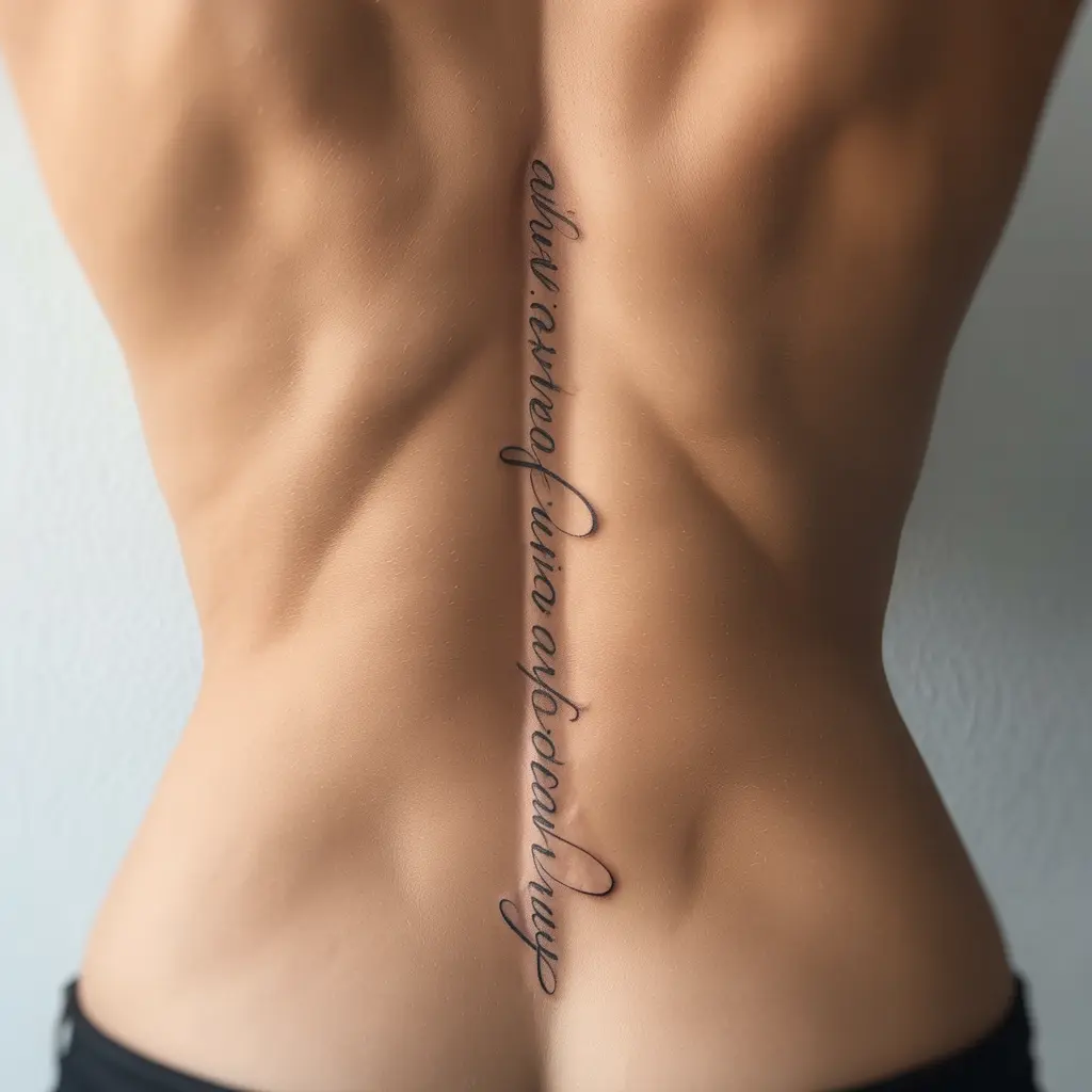 Inspirational cursive quote spine tattoo for women written vertically along the spine in flowing script.

