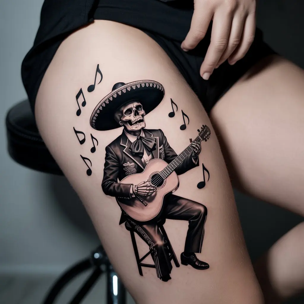 Realistic mariachi skeleton tattoo playing a guitar on a woman’s outer thigh — fun and artistic Mexican tattoos inspired by folklore.