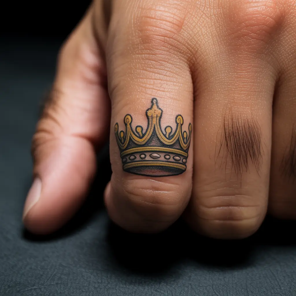Ornate Crown Finger Tattoo – Gold and black crown tattoo on a man’s finger, intricate detail, regal finger tattoos for men.

