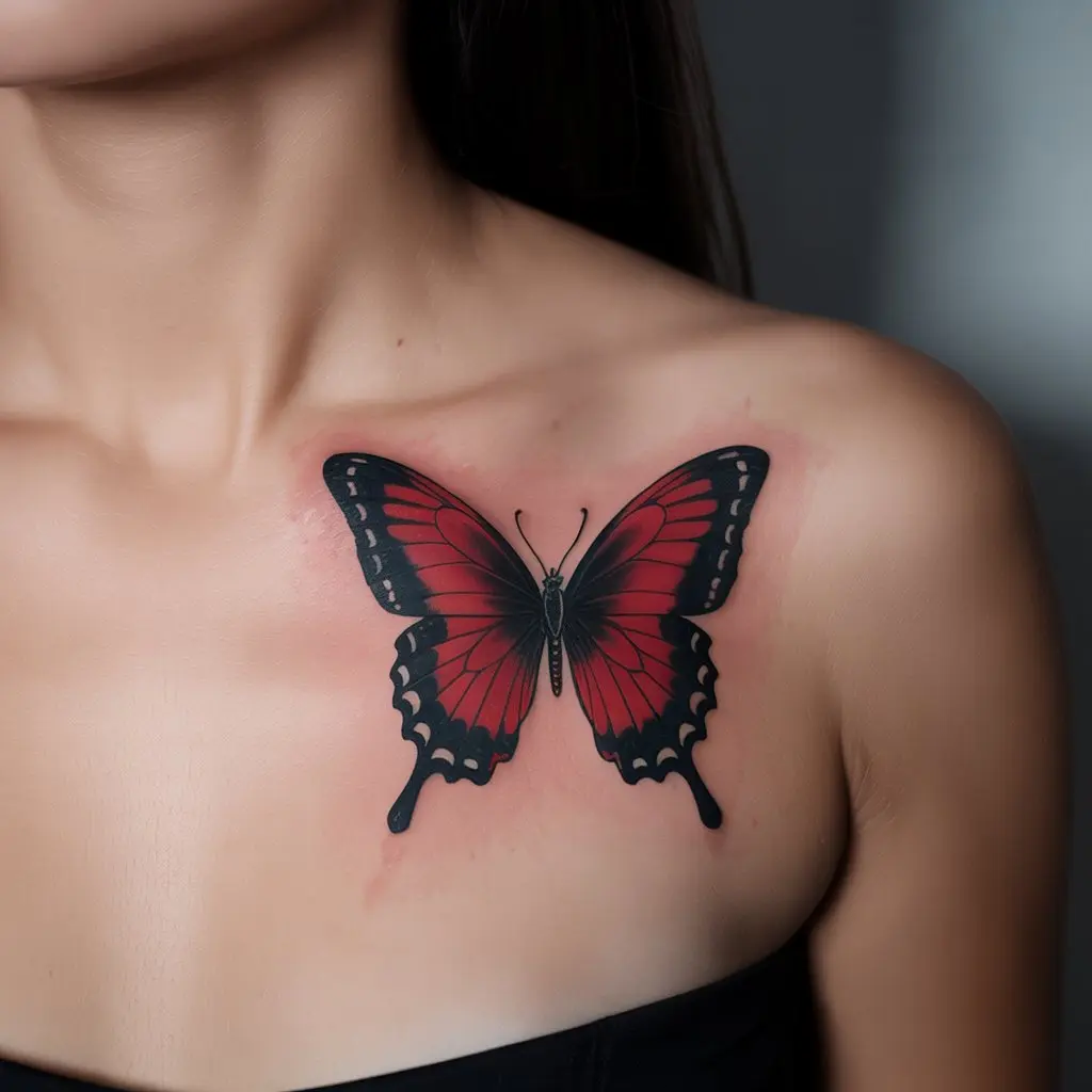 Red and black butterfly tattoo on chest – high contrast red butterfly tattoo blending vibrant and dark ink.

