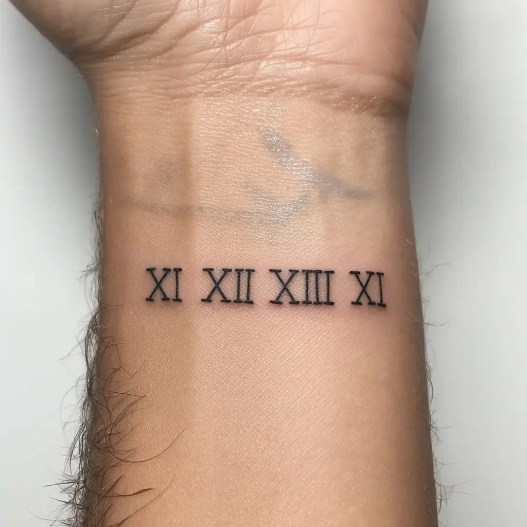 6. Small Roman Numeral on the Wrist
Alt Text:
Tiny Roman numeral date tattoo on a woman’s wrist, done in clean black linework — ideal for those who prefer small, meaningful Roman numeral tattoos.