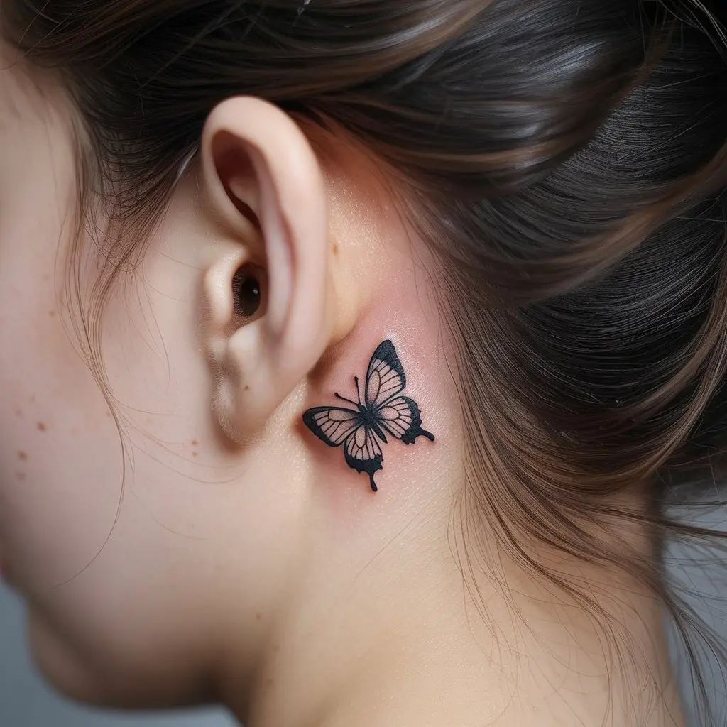 Tiny Butterfly Tattoo Behind the Ear – Small butterfly tattoos for women placed behind the ear, delicate design with subtle shading.

