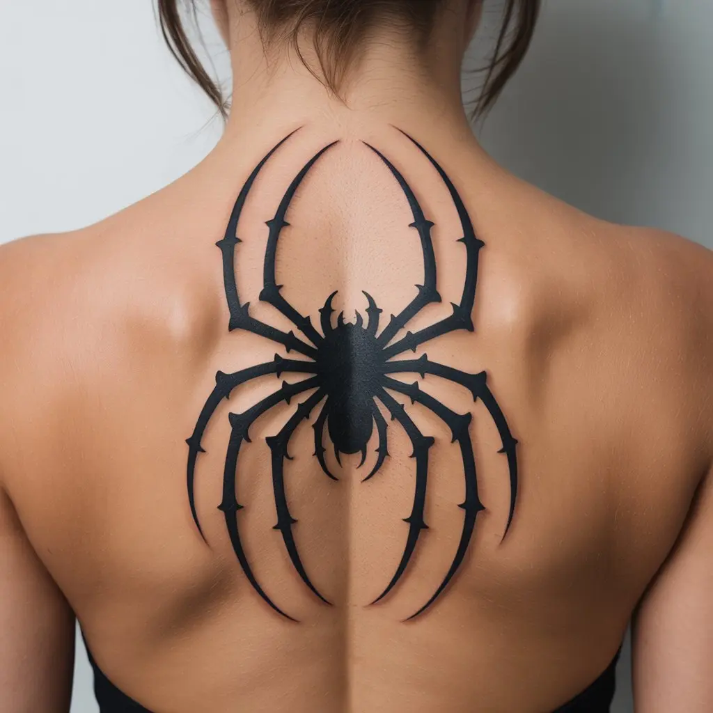 Tribal spider tattoo design on a woman’s lower back, bold black ink patterns in traditional tribal style.
