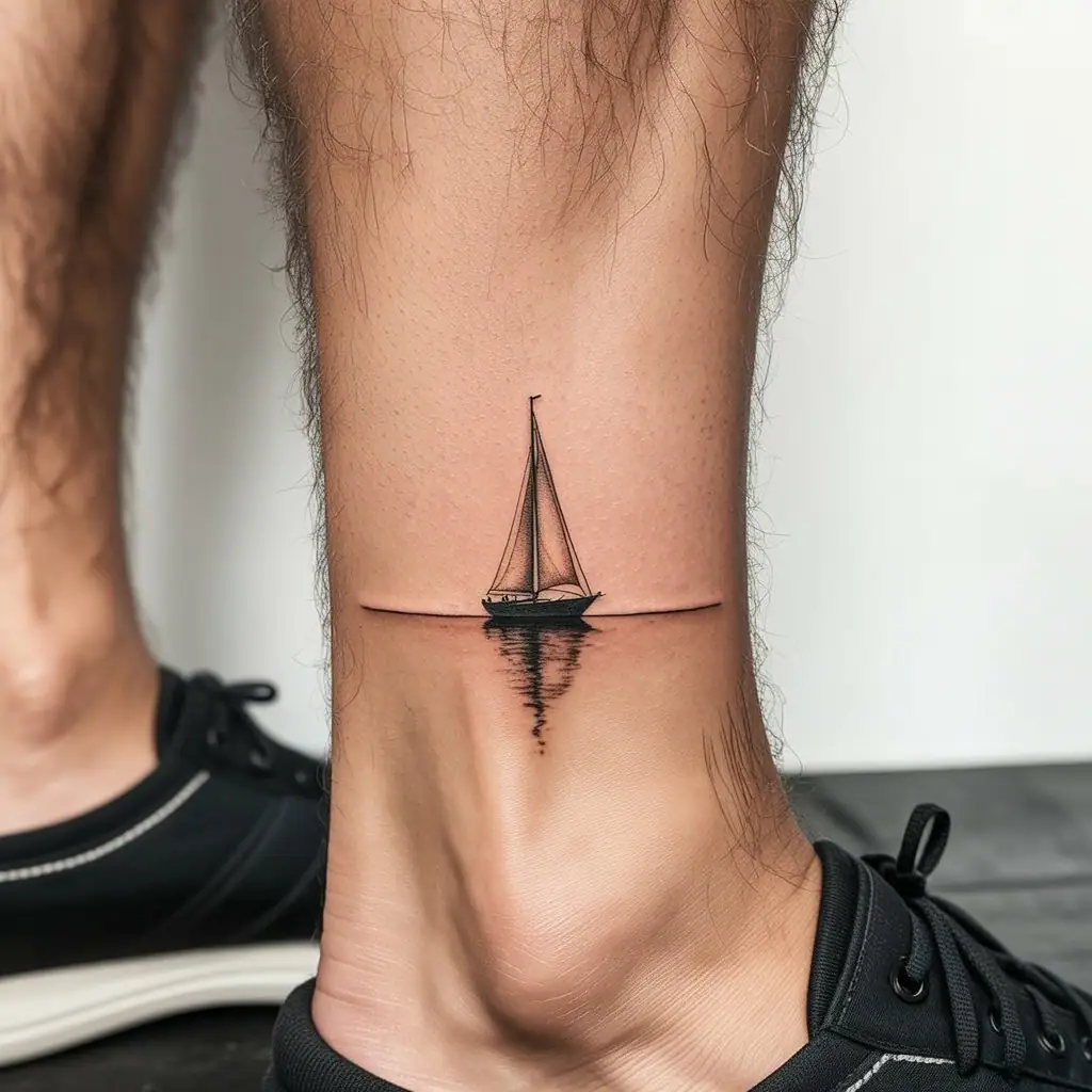 Small tattoos for men – minimalist sailboat tattoo on ankle, calm horizon line design for peaceful vibe