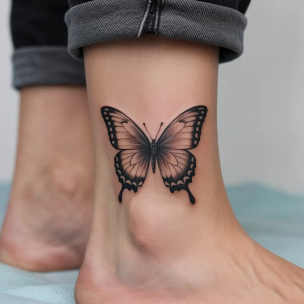 Black and Grey Butterfly Tattoo on Ankle – Black and grey butterfly tattoos for women on the ankle, soft shading and elegant monochrome style.

