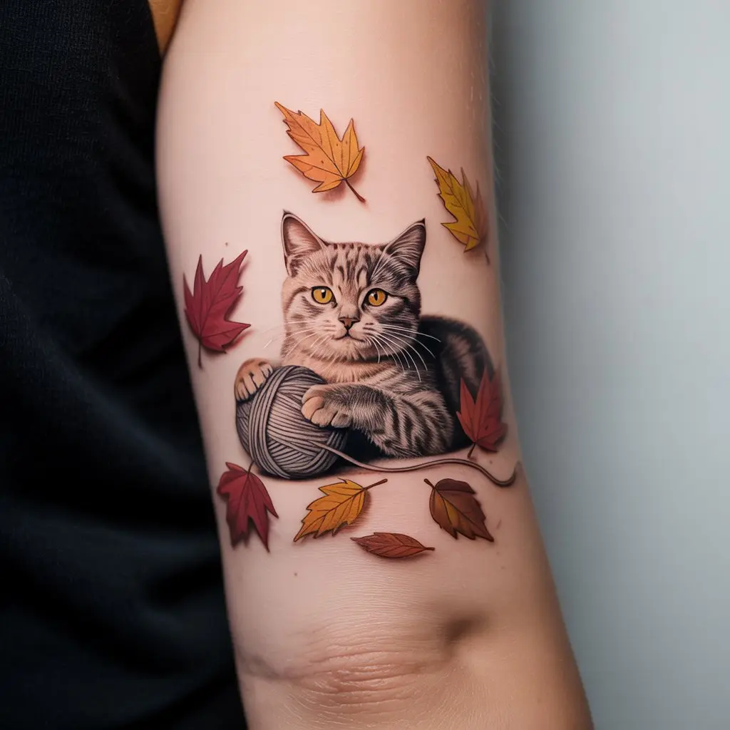 Cat With Autumn Leaves and Yarn Autumn-inspired cat tattoo with falling leaves and yarn ball, capturing warmth and coziness in seasonal cat tattoos.