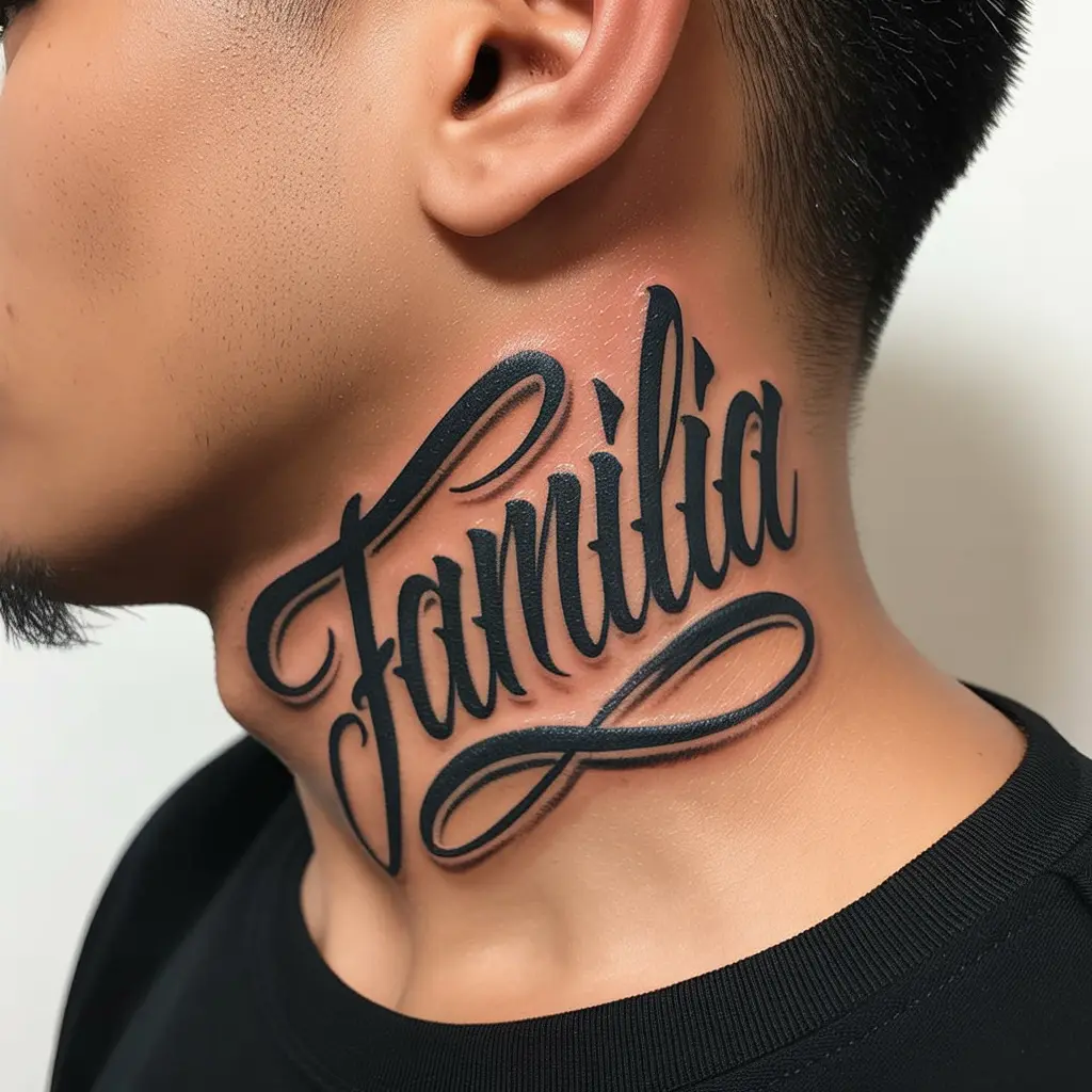 Black Chicano lettering tattoo reading “Familia” on a man’s neck — powerful Mexican tattoo design symbolizing family and roots. 