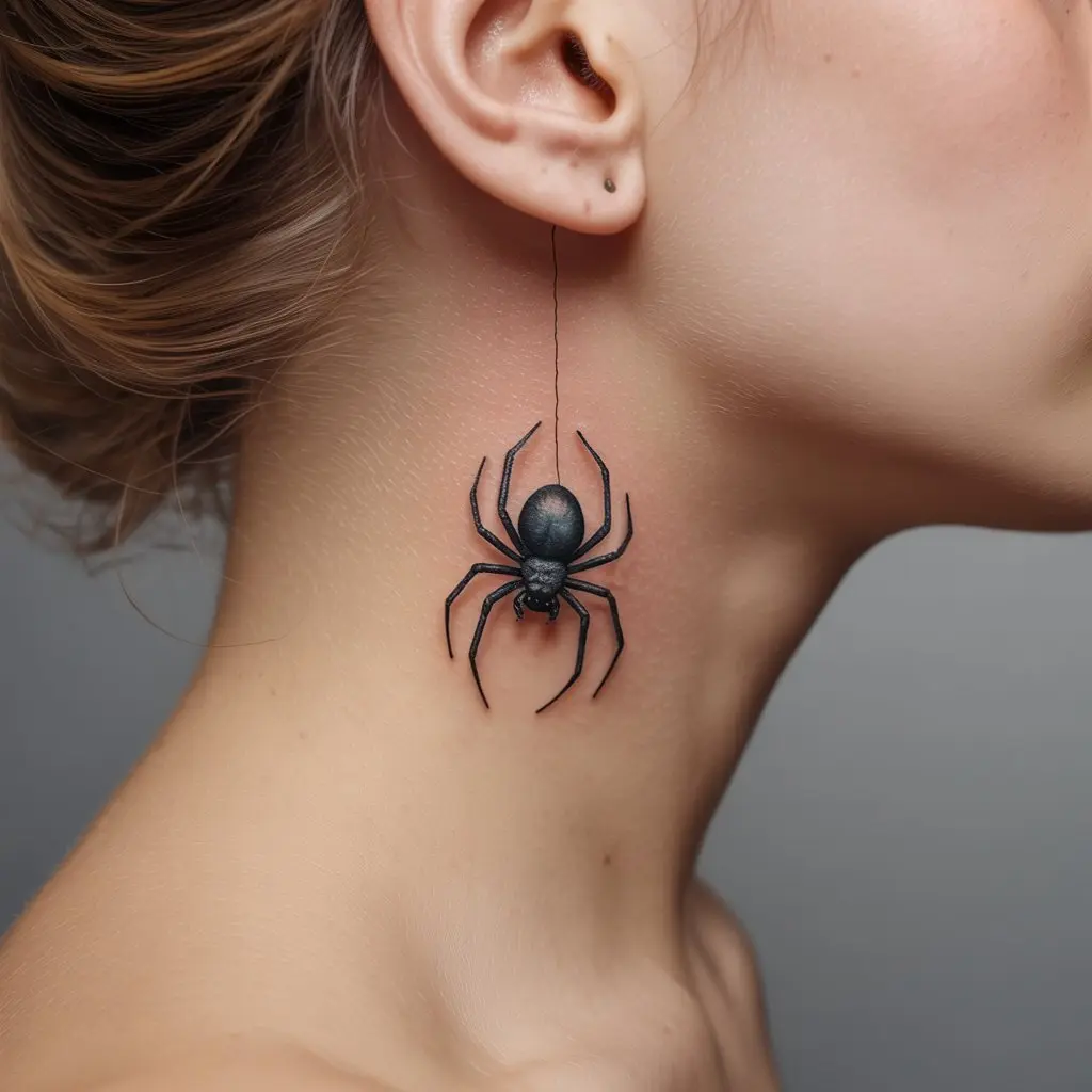 Small dangling spider tattoo design behind a woman’s ear, minimalist and realistic spider tattoo with a thin silk thread.