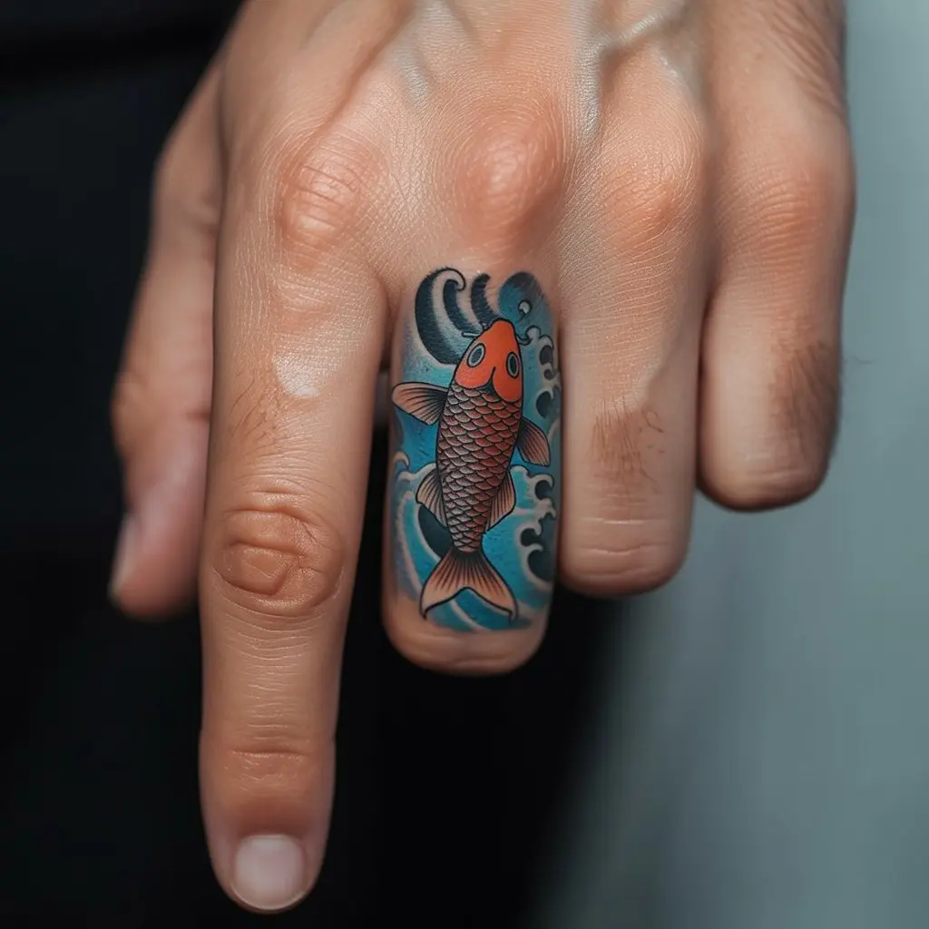 Koi Fish and Waves Finger Tattoo – Japanese-style koi fish with waves on a man’s finger, colorful and artistic finger tattoos for men.

