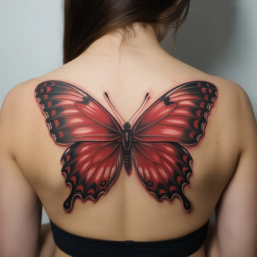 Large red butterfly tattoo covering upper back – bold and realistic red butterfly tattoo for dramatic effect.

