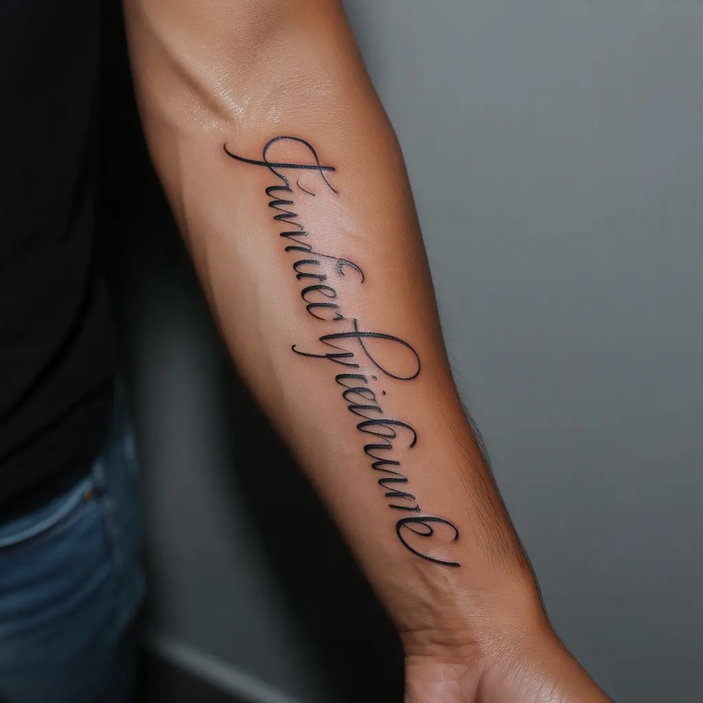 Hand lettering tattoos for women featuring meaningful quotes or words in elegant cursive script across the fingers or palm. 