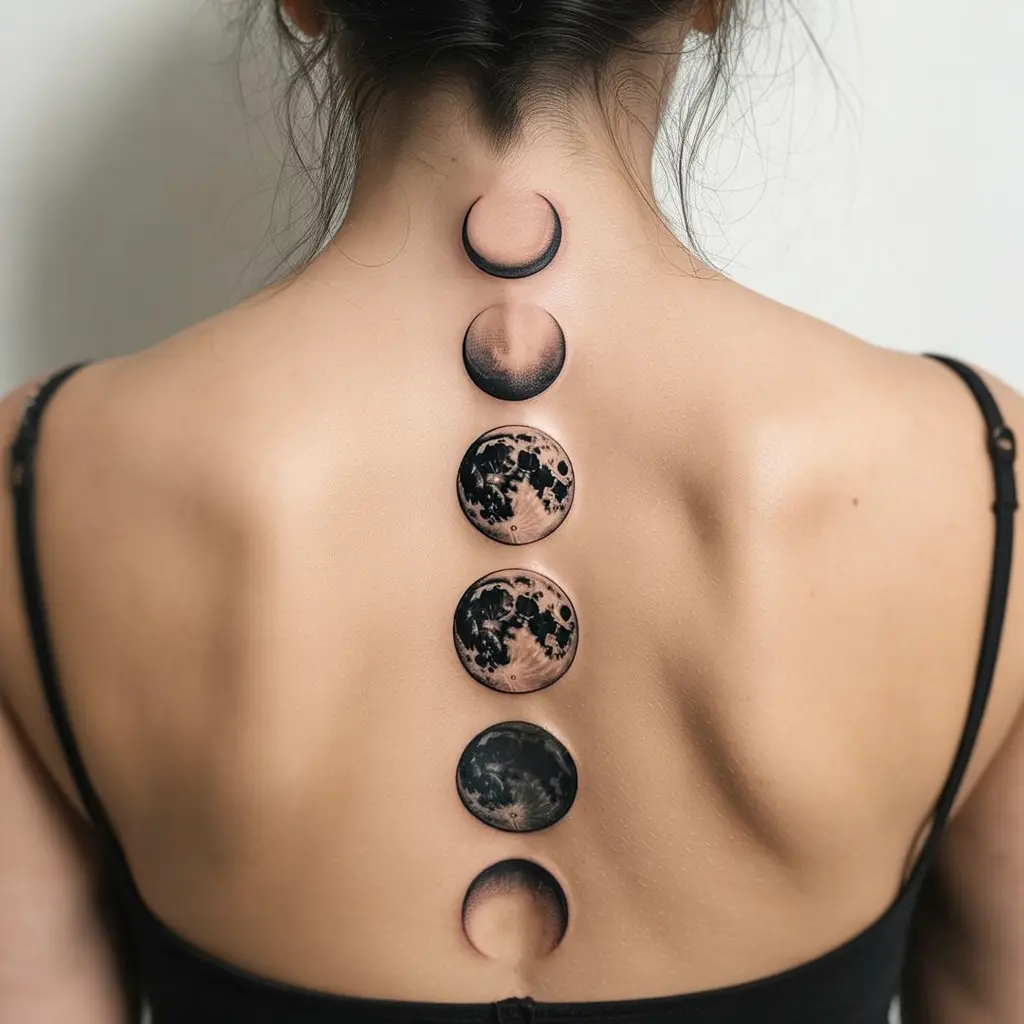 Moon phases spine tattoo for women showing each lunar phase from new to full moon in realistic black ink.

