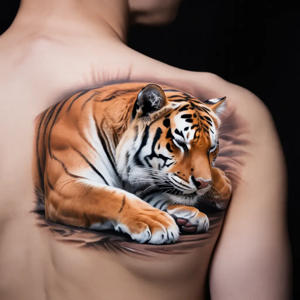 Tiger tattoo design of a sleeping tiger with soft fur detail, peacefully curled on the back shoulder in a realistic style.