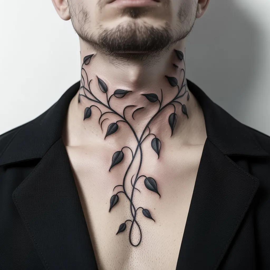 Vines Neck Tattoo
Bold vine neck tattoo for men, designed to wrap around the neck like a collar in black ink with masculine flow and realism.