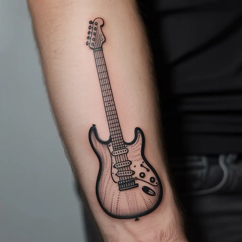 Small tattoos for men – dotwork guitar tattoo on forearm, perfect for musicians and music enthusiasts

