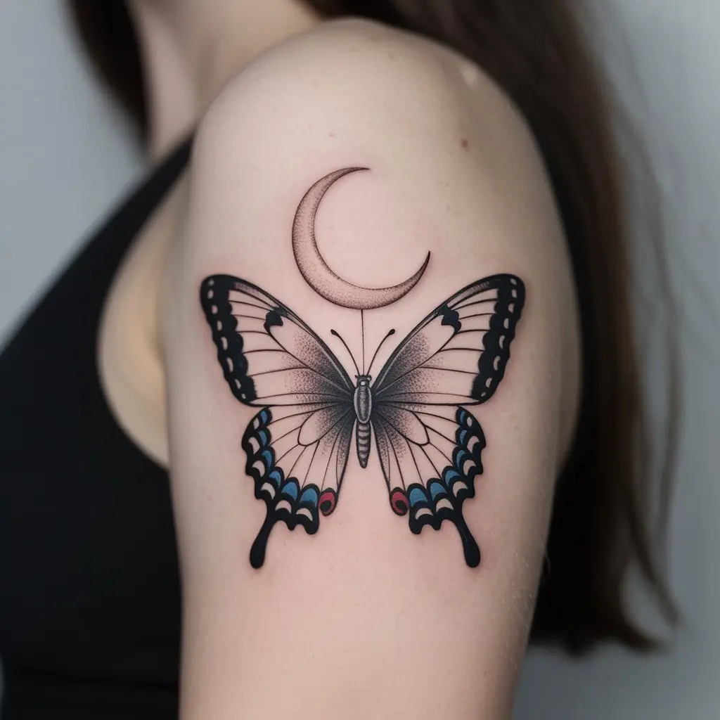 Butterfly and Crescent Moon Tattoo on Upper Arm – Unique butterfly tattoos for women with a crescent moon design on the upper arm, intricate and symbolic.

