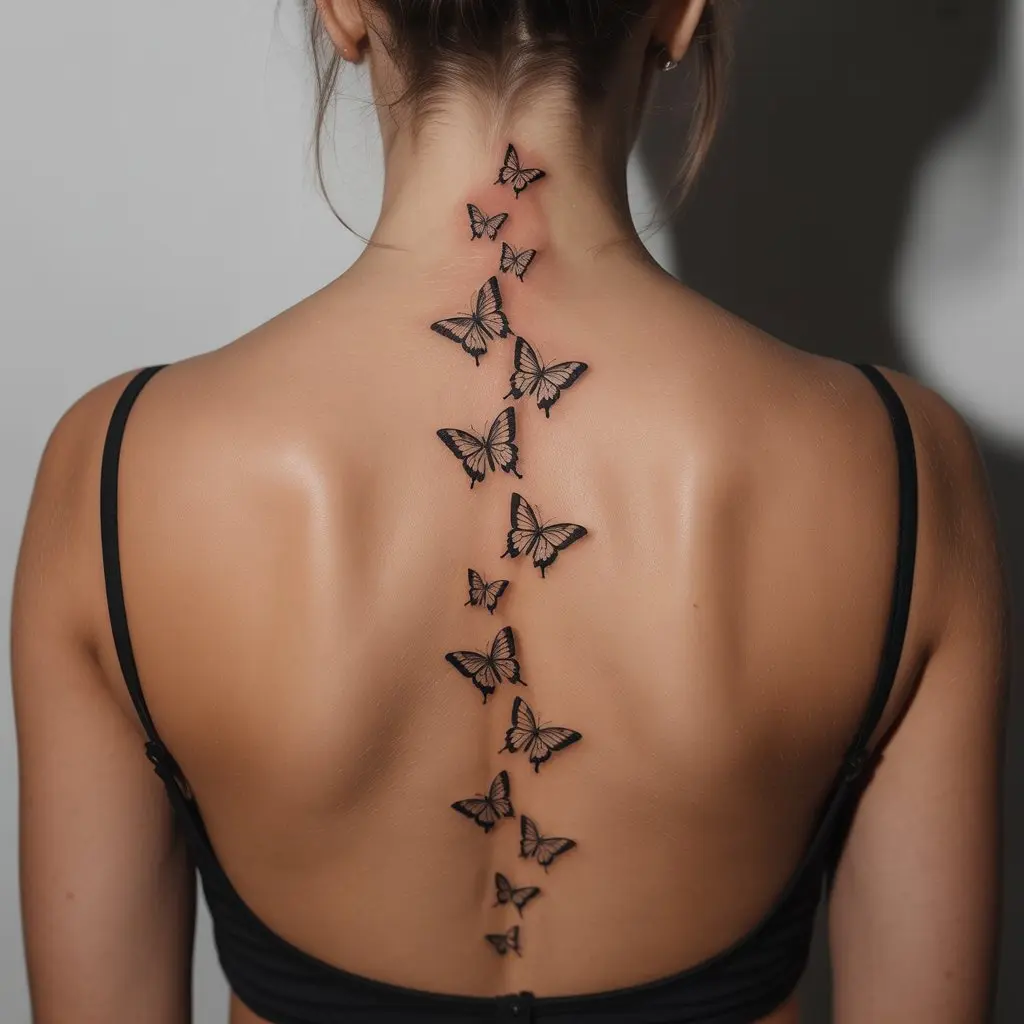 Butterfly in flight spine tattoo for women with delicate butterflies soaring up the back in a vertical pattern.

