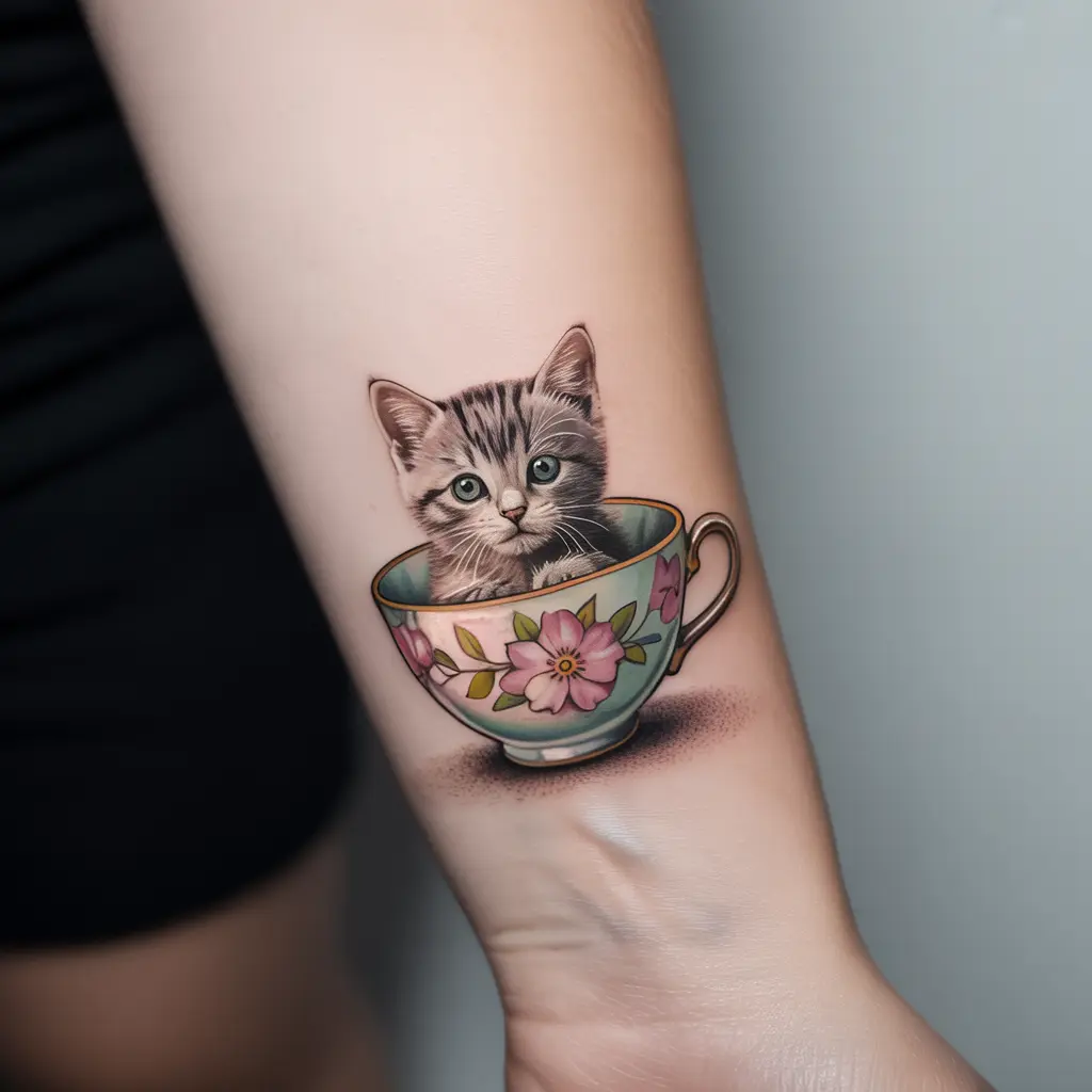 Cat in a Teacup Design Adorable cat-in-teacup tattoo in soft color realism, a cute and whimsical addition to your collection of cat tattoos.