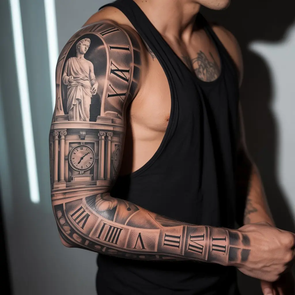 8. Elaborate Roman Numeral Sleeve Tattoo
Alt Text:
Full sleeve tattoo on a man's arm featuring Roman numerals, clocks, and statues in intricate black and grey realism — a dramatic and artistic Roman numeral tattoo sleeve.