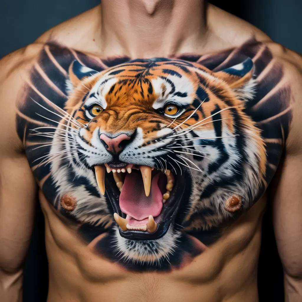 Fierce tiger tattoo design showing a roaring tiger with open jaws and sharp teeth, placed on the chest in a bold and realistic ink style.