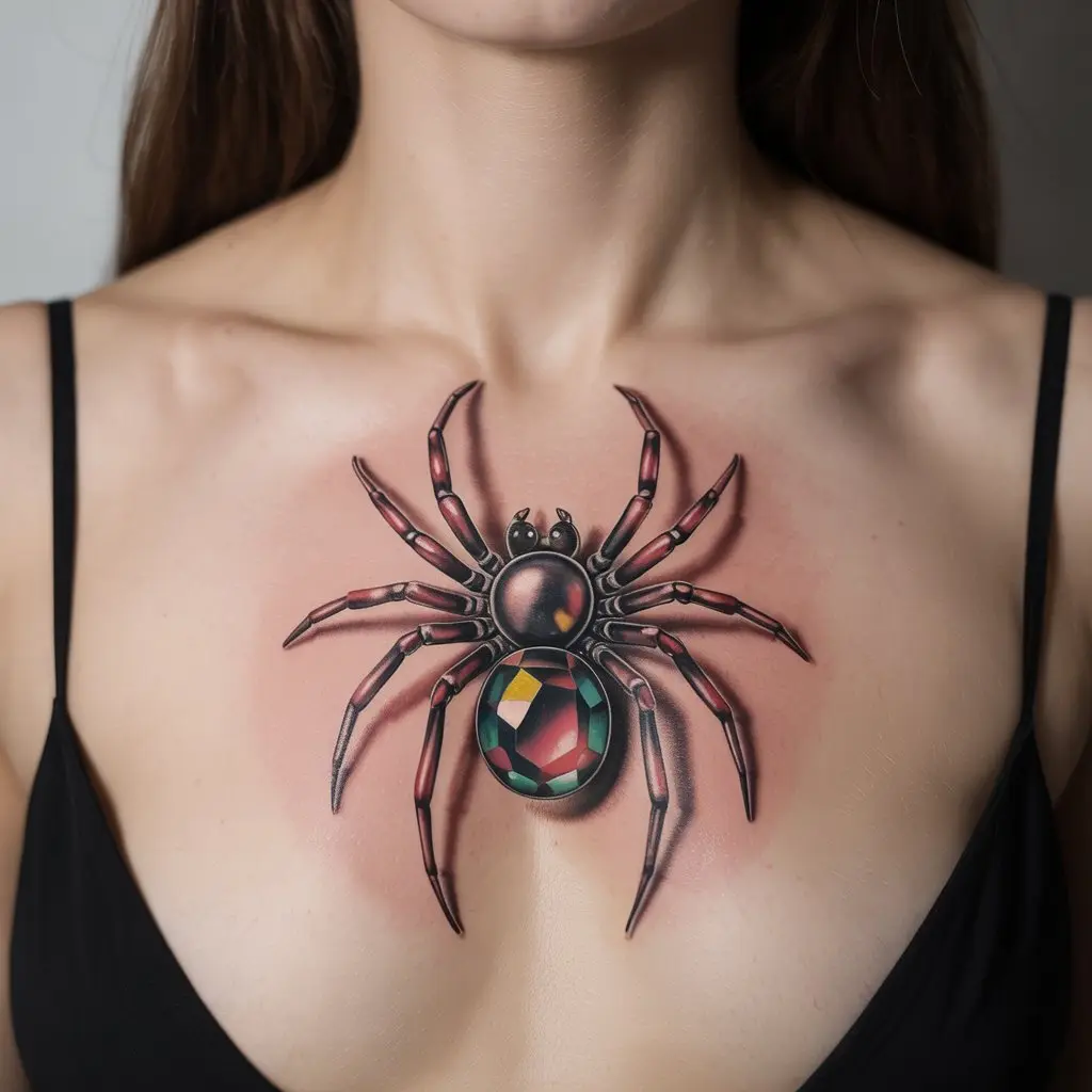 Jeweled spider tattoo design with gemstone accents on a woman’s chest, luxury-inspired spider tattoo with shining details.