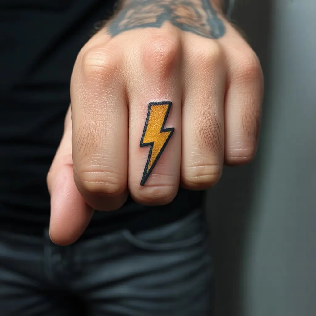 Lightning Bolt Finger Tattoo – Sharp lightning bolt design on a man’s finger, bold and simple finger tattoos for men.

