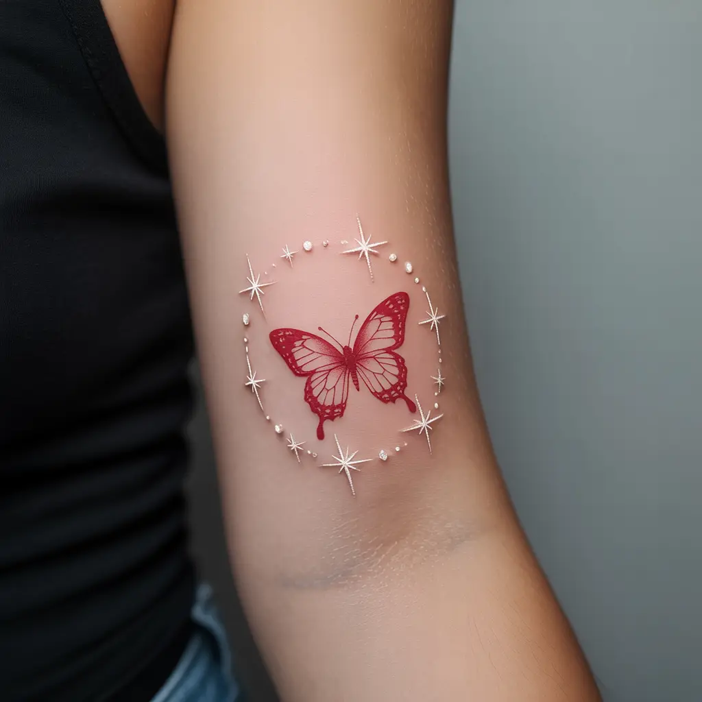 Red butterfly tattoo with stars surrounding the wings on forearm – celestial themed red butterfly tattoo design.

