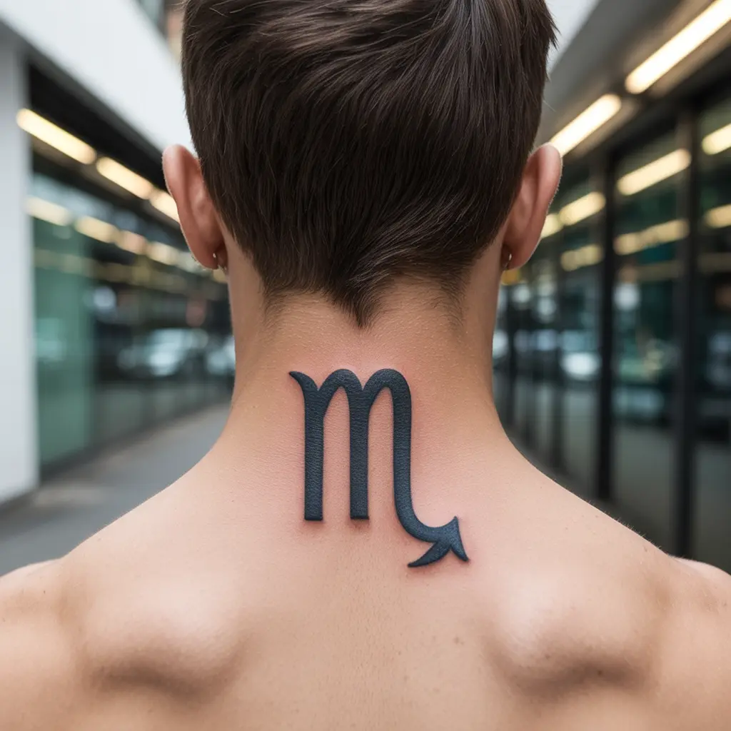 Zodiac Sign Neck Tattoo
Scorpio zodiac neck tattoo for men, centered on the back of the neck with bold black ink — perfect for astrology-inspired designs.