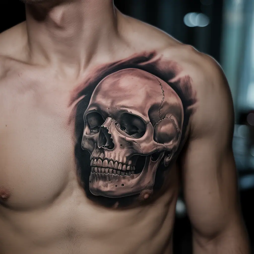 Small tattoos for men – fading skull tattoo with bold shading on upper chest, edgy and powerful look

