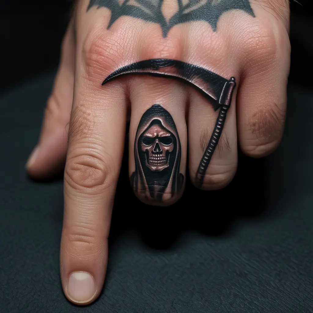 Grim Reaper Finger Tattoo – Dark Grim Reaper tattoo on a man’s finger, realistic shading, edgy finger tattoos for men.

