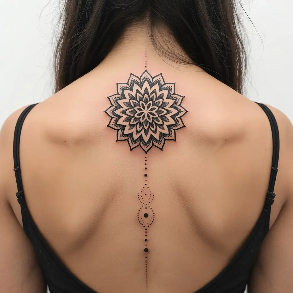 Mandala disc and dot trail spine tattoo for women featuring sacred geometry and fine dotwork flowing downward.

