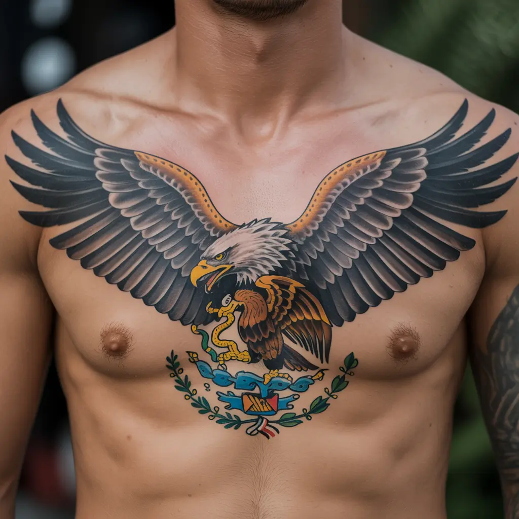 National Mexican eagle chest tattoo with a serpent in its beak, detailed in black and grey — patriotic Mexican tattoos for men.