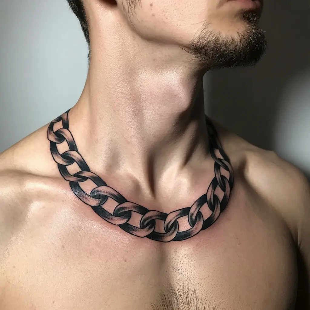Necklace Neck Tattoo
Chain-style necklace tattoo around the neck for men, featuring strong geometric black linework that mimics jewelry with a masculine twist.