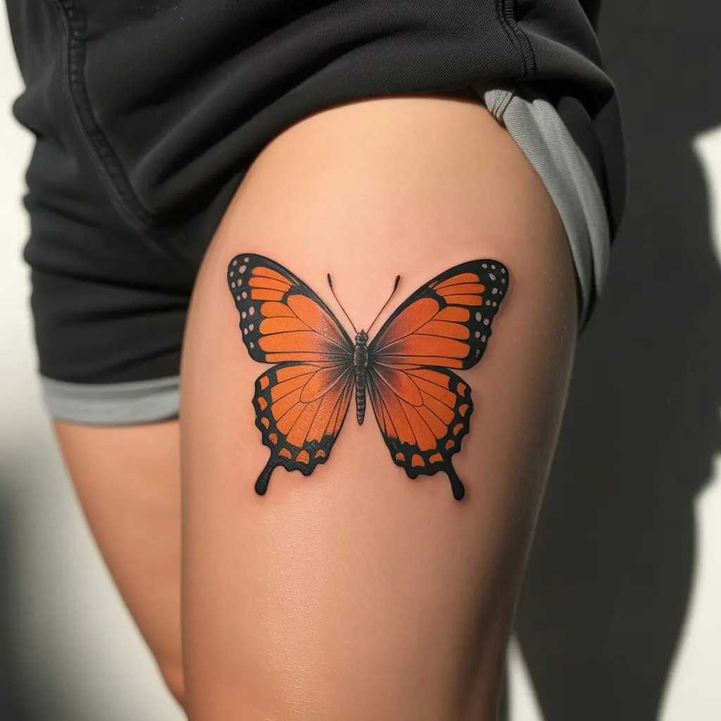 Orange Butterfly Tattoo on Thigh – Orange butterfly tattoos for women on the thigh, bright color tones and realistic wing details.

