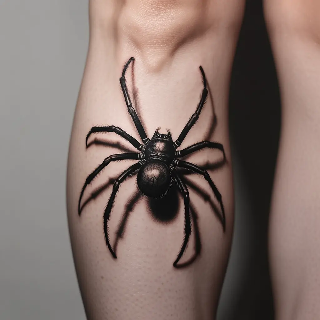 Shadow spider tattoo design on a woman’s calf, realistic black spider crawling with soft shadow for a 3D effect.