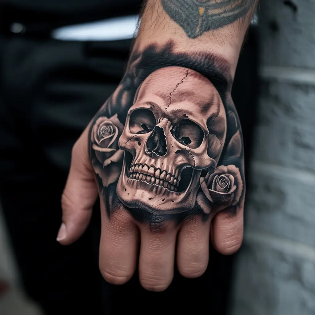 Skull hand tattoos for women in black and grey realism style with bone details and subtle shading for an edgy appearance.