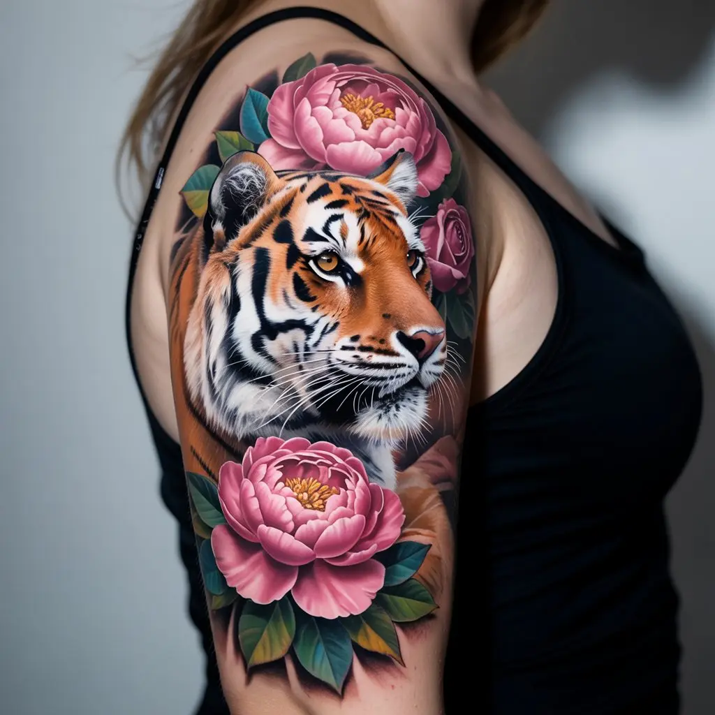 Floral tiger tattoo design featuring a realistic tiger head surrounded by roses and peonies on the upper arm, blending strength with beauty.