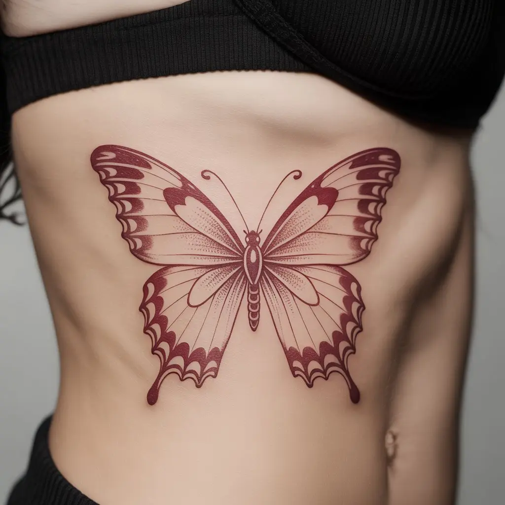 Vintage red butterfly tattoo with antique detailing on ribcage – classic red butterfly tattoo with muted tones.

