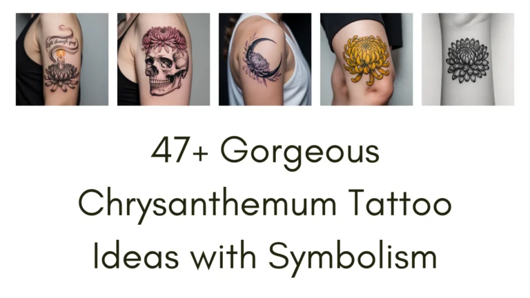 A comprehensive article titled "47+ Gorgeous Chrysanthemum Tattoo Ideas Packed with Symbolism" displayed on a digital screen. The article features a white background with black text, organized under a main heading in bold, followed by subheadings for 48 unique chrysanthemum tattoo designs. Each subheading describes a specific tattoo style, such as "Bold Red Chrysanthemum Tattoo" or "Chrysanthemum Tattoo and Crescent Moon — Lunar Bloom," with brief descriptions of their colors, symbolism, and ideal placements. The text emphasizes the cultural and emotional significance of chrysanthemum tattoos, including themes of resilience, life, and renewal. The article concludes with a section encouraging readers to collaborate with a tattoo artist to personalize their design.