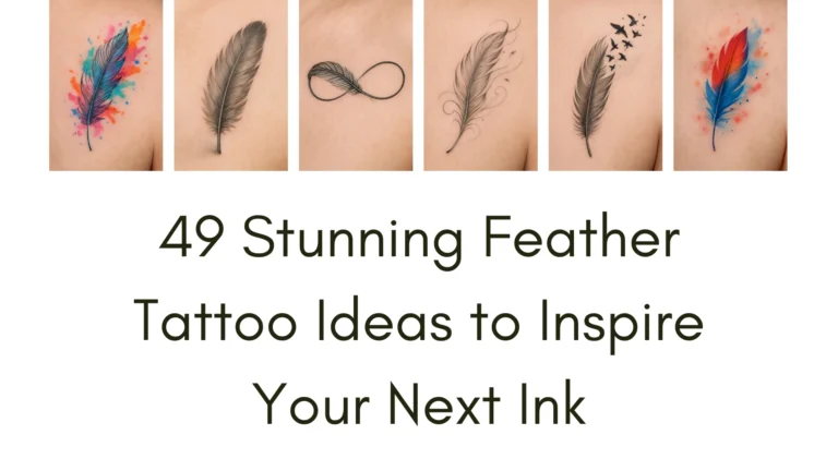 A collage featuring five different feather tattoo designs on skin, including a vibrant watercolor feather with colorful splashes, a minimalist black feather with an infinity symbol, a delicate feather with swirling lines, a feather with small flying birds, and a bold red and blue watercolor feather. Below the images, the text reads "49 Stunning Feather Tattoo Ideas to Inspire Your Next Ink" in bold black letters.