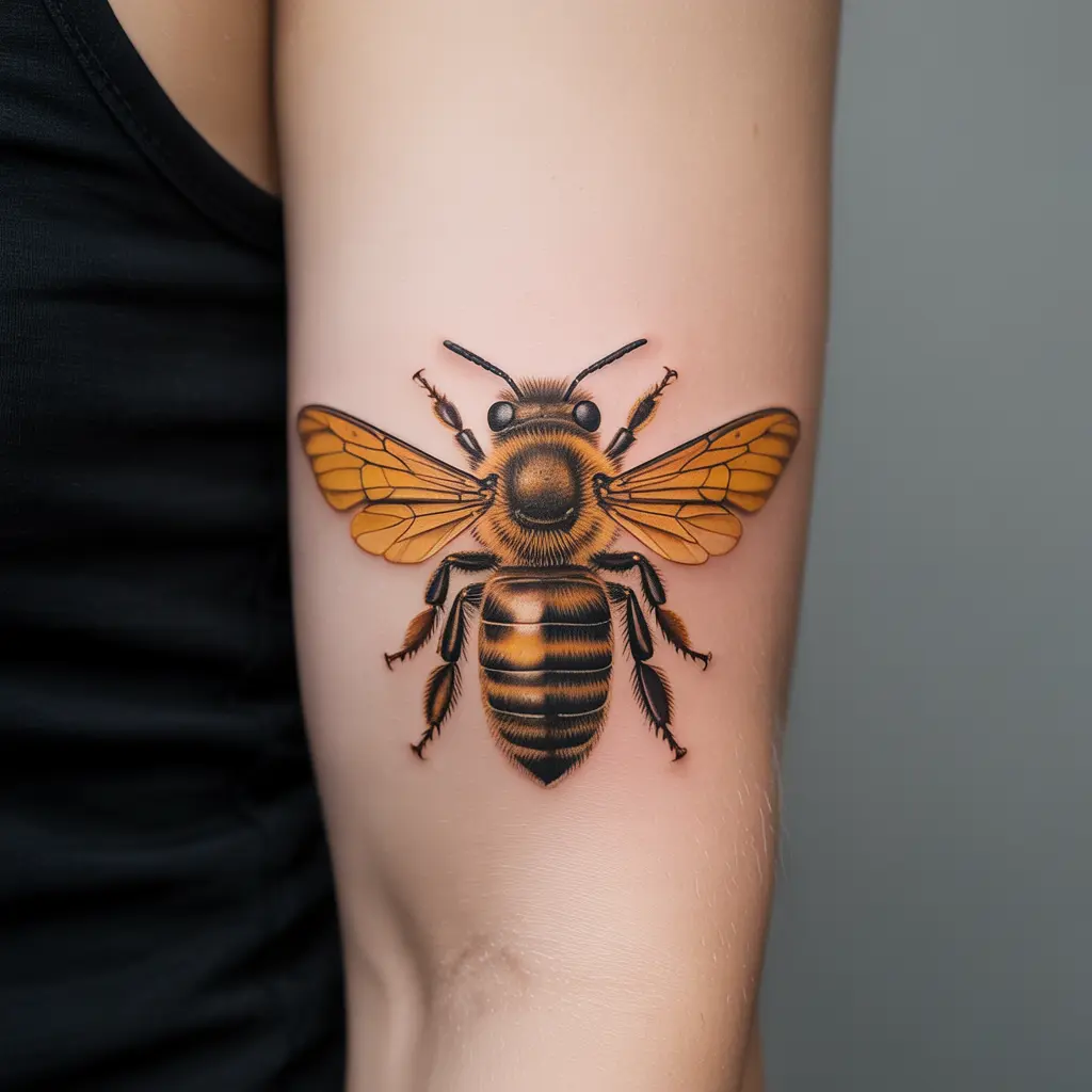 Golden Wings of Persistence
"Golden Wings of Persistence Honey Bee Tattoo on forearm with realistic golden wings, symbolizing endurance and strength."