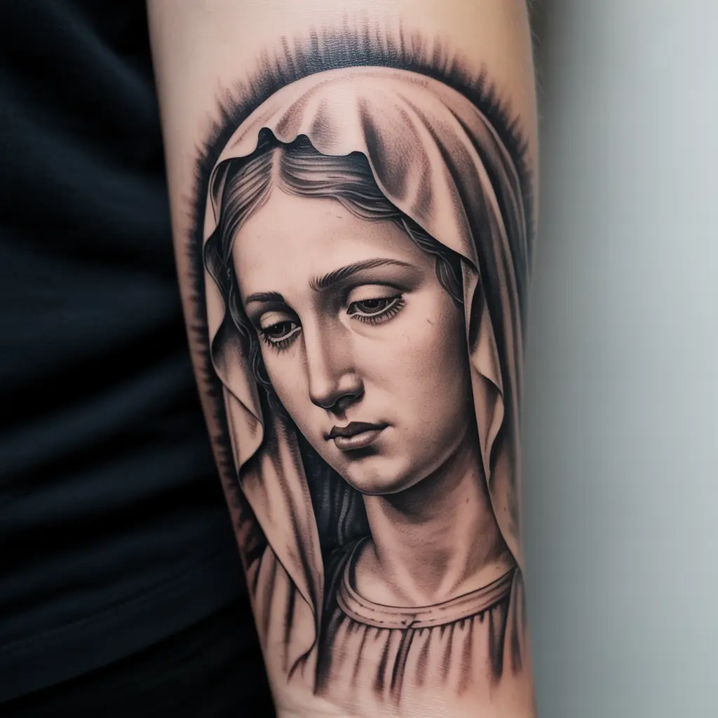 "Realistic Virgin Mary tattoo of eternal grace inked on forearm, showing divine beauty, soft shading, and spiritual symbolism in detailed body art."