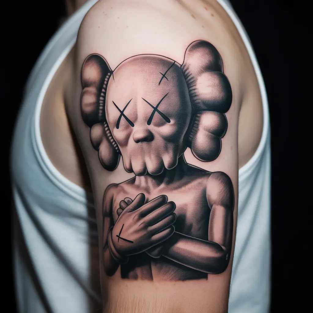 Realistic KAWS tattoo of the Companion figure with X-eyes, black and grey ink on upper arm, symbolizing reflection and inner struggle.